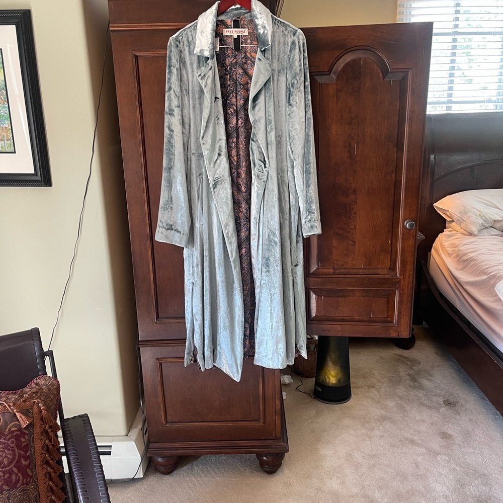 Free People Velvet Trench Coat in Light Blue